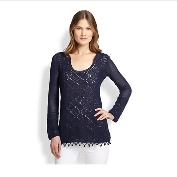Lilly Pulitzer Sweaters - Lilly Pulitzer Athena Crochet Pullover Tunic Sweater Women Size M Blue